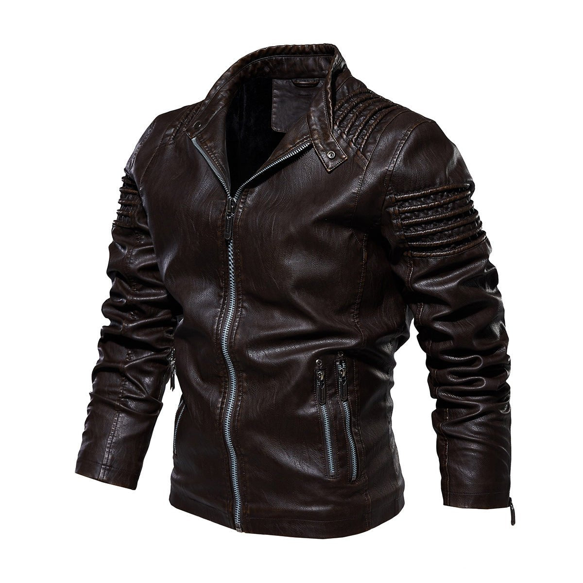 Men's Faux Leather Biker Jacket Ribbed-Shoulder Zip-Up - Brown