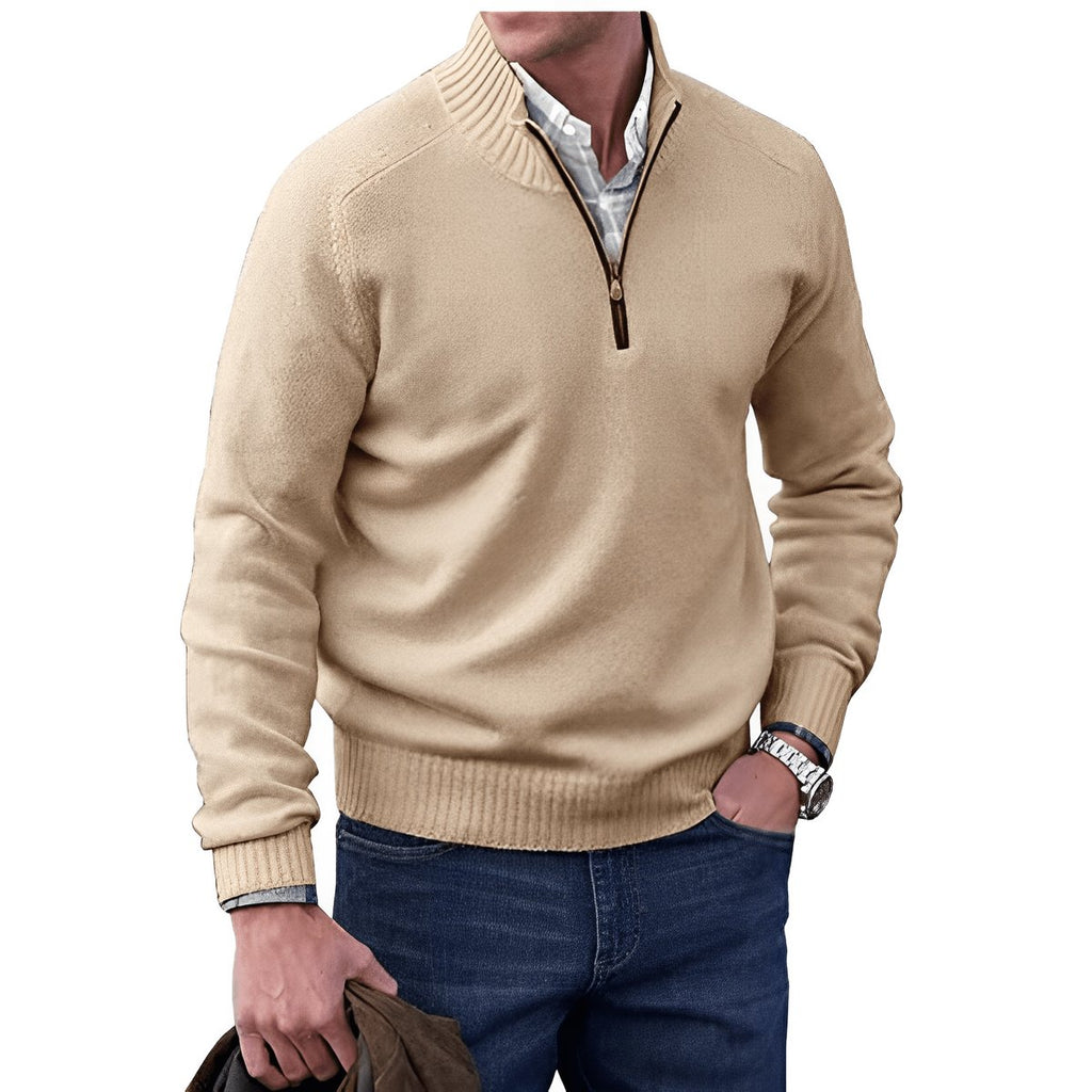 Men's Quarter-Zip Knit Pullover Sweater Regular Fit Long Sleeve - Brown