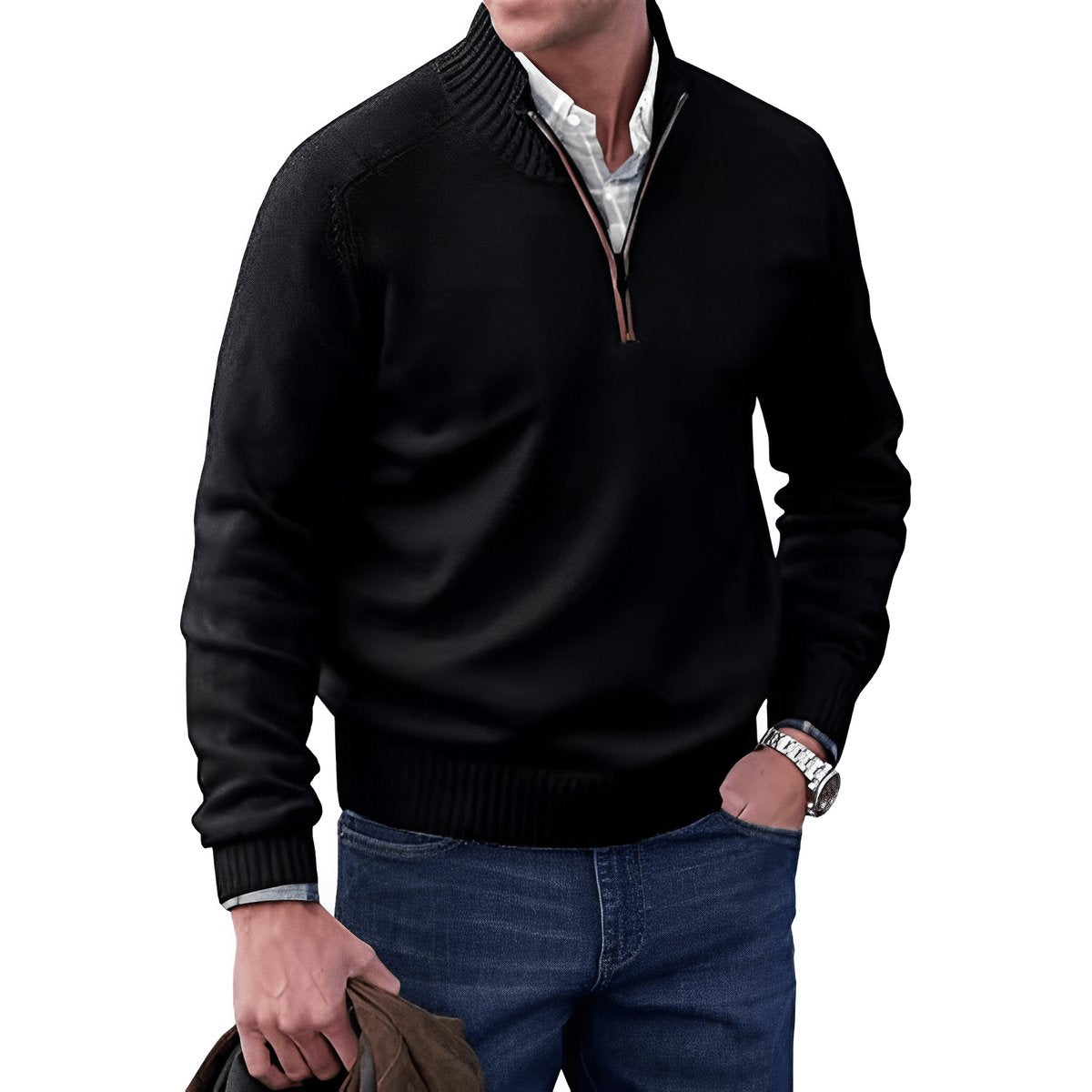 Men's Quarter-Zip Knit Pullover Sweater Regular Fit Long Sleeve - Black