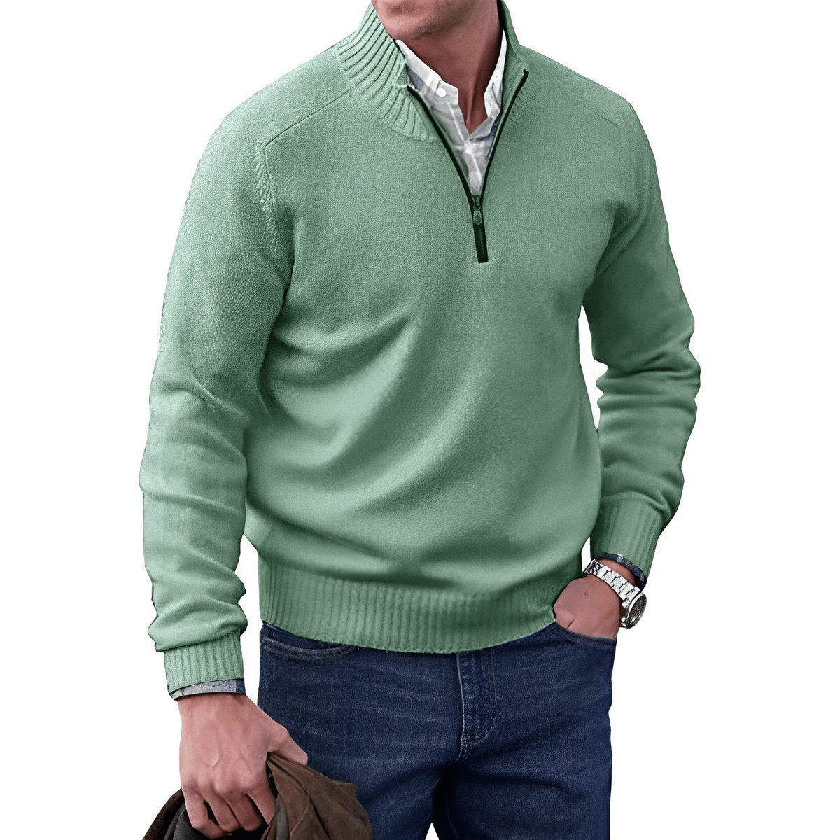 Men's Quarter-Zip Knit Pullover Sweater Regular Fit Long Sleeve - Green