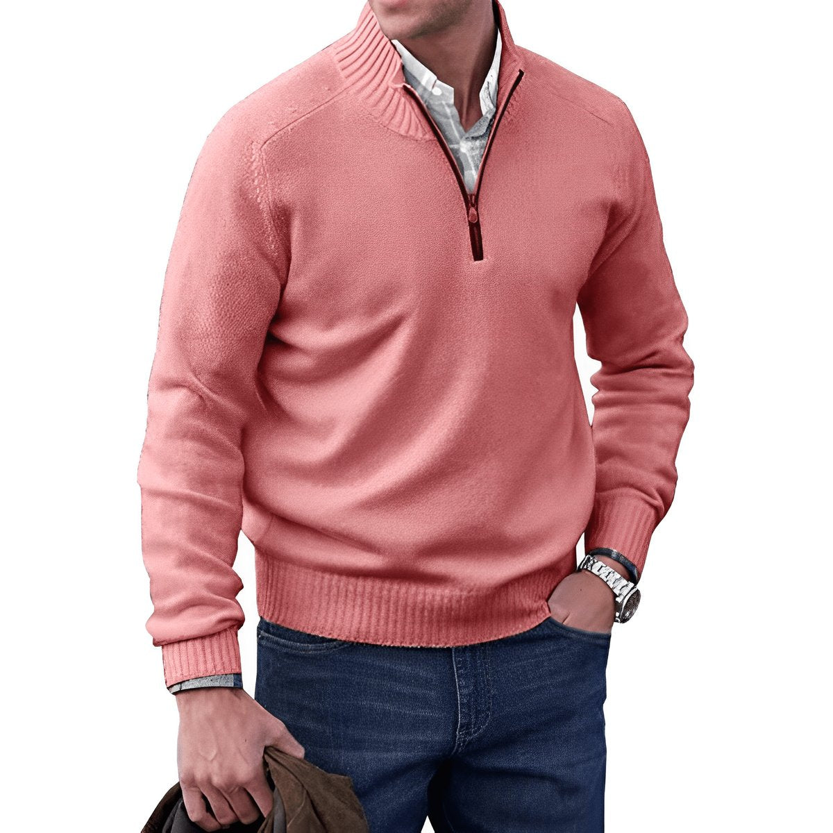 Men's Quarter-Zip Knit Pullover Sweater Regular Fit Long Sleeve - Pink