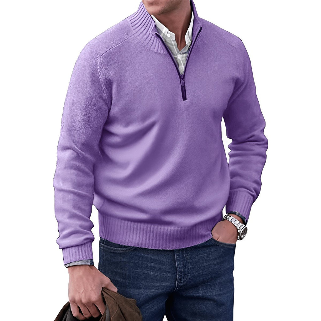 Men's Quarter-Zip Knit Pullover Sweater Regular Fit Long Sleeve - Purple