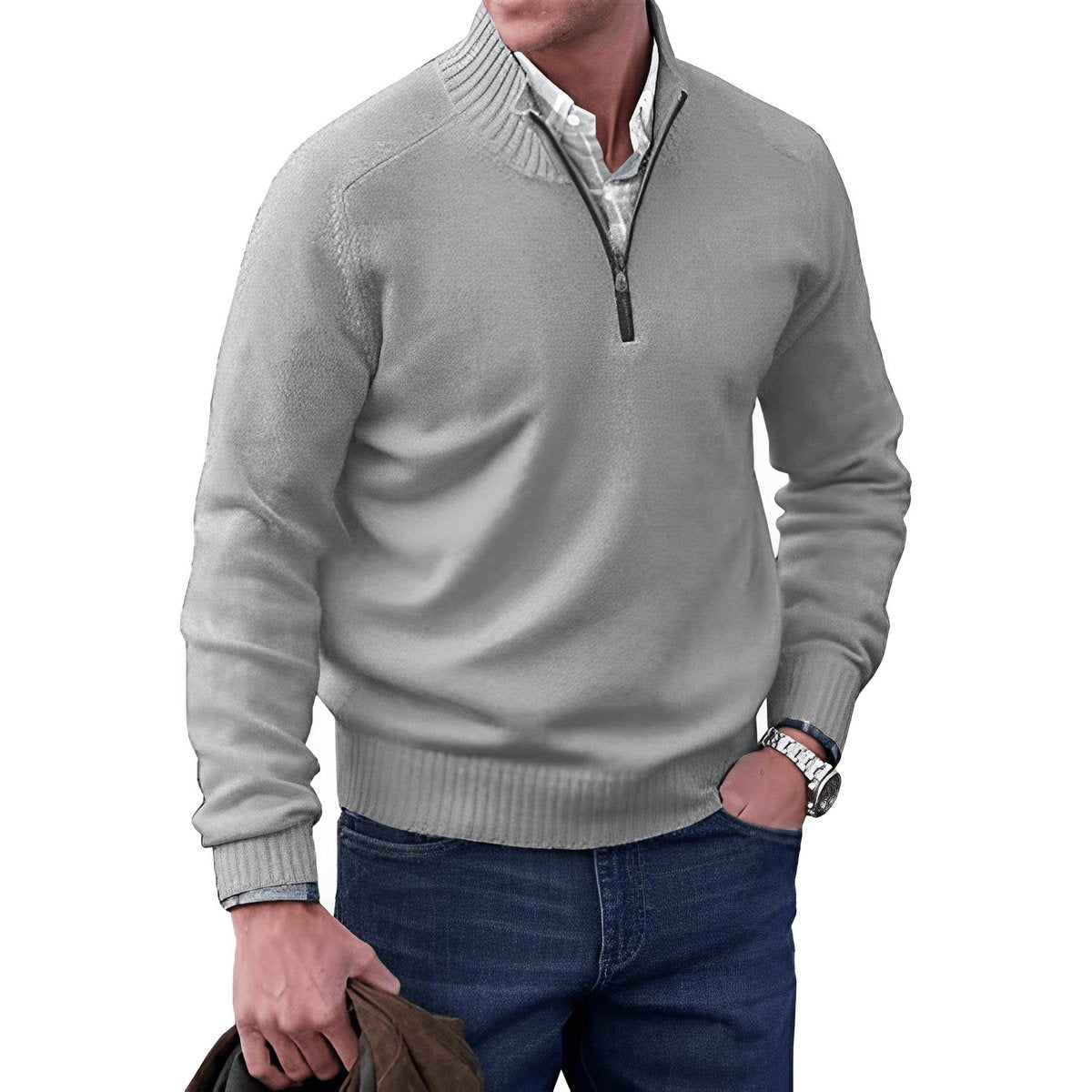 Men's Quarter-Zip Knit Pullover Sweater Regular Fit Long Sleeve - Light Grey