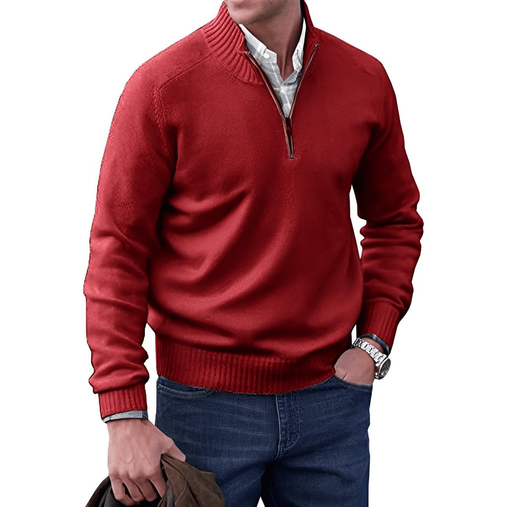 Men's Quarter-Zip Knit Pullover Sweater Regular Fit Long Sleeve - Red