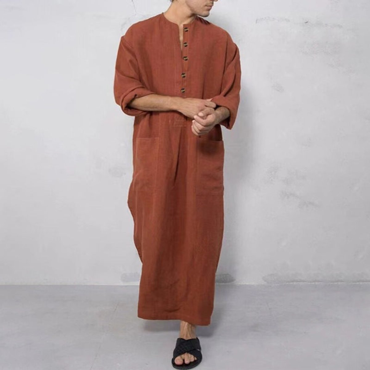 Men's Relaxed-Fit Linen Maxi Kaftan Tunic Button-Placket Robe