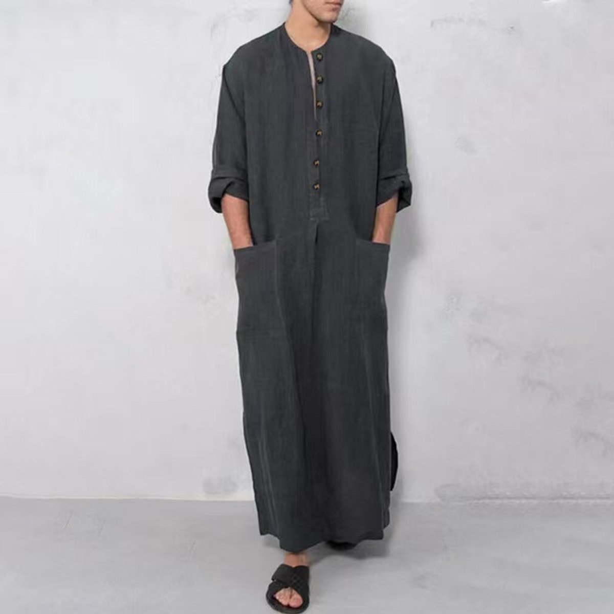 Men's Relaxed-Fit Linen Maxi Kaftan Tunic Button-Placket Robe