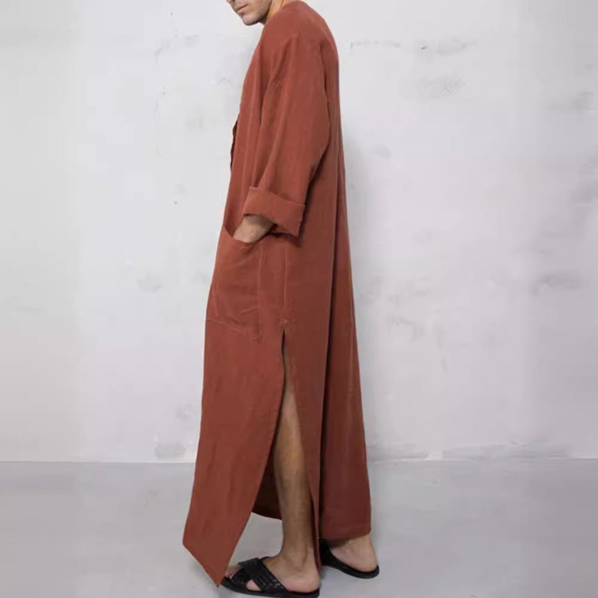 Men's Relaxed-Fit Linen Maxi Kaftan Tunic Button-Placket Robe
