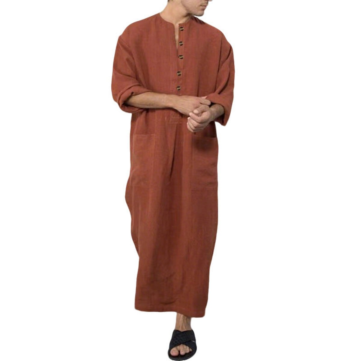 Men's Relaxed-Fit Linen Maxi Kaftan Tunic Button-Placket Robe - Brown