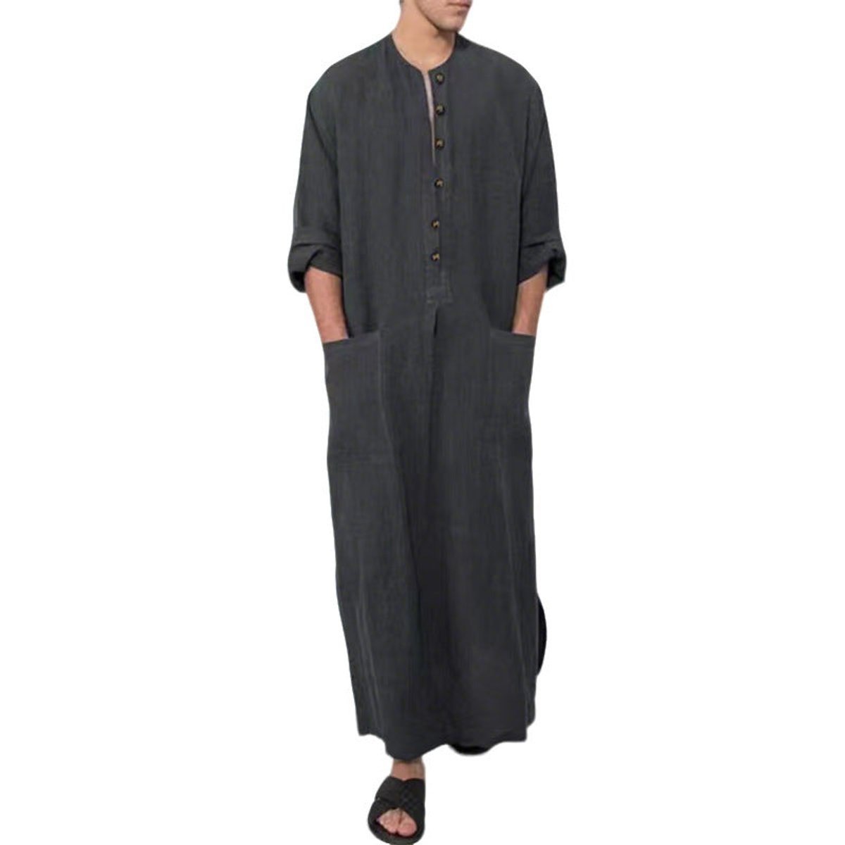 Men's Relaxed-Fit Linen Maxi Kaftan Tunic Button-Placket Robe - Gray
