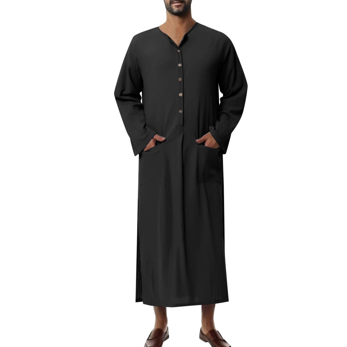 Men's Relaxed-Fit Linen Maxi Kaftan Tunic Button-Placket Robe - Black