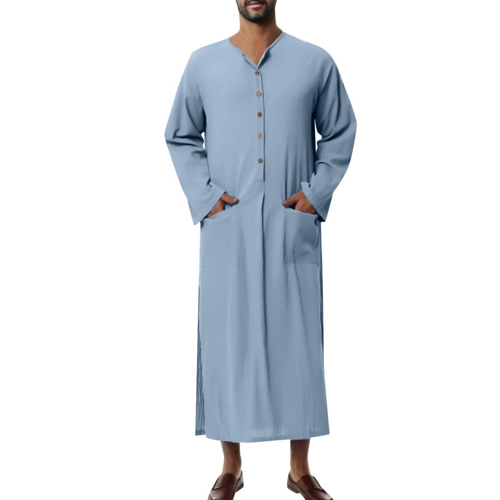 Men's Relaxed-Fit Linen Maxi Kaftan Tunic Button-Placket Robe - Light Blue