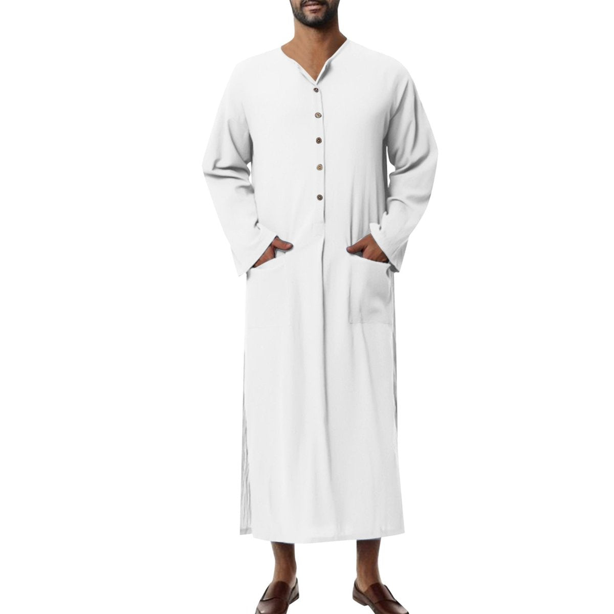 Men's Relaxed-Fit Linen Maxi Kaftan Tunic Button-Placket Robe - White
