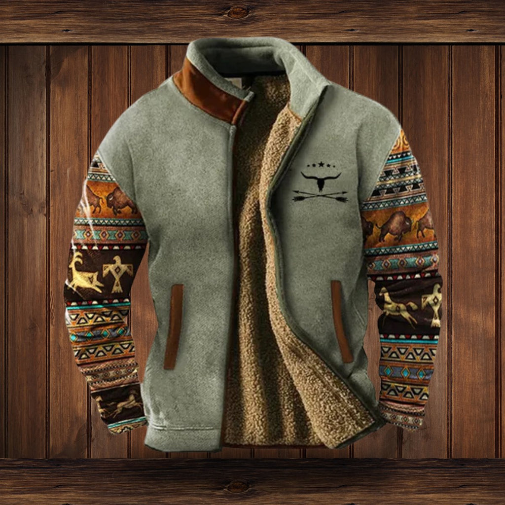 Men's Southwestern Print Sherpa-Lined Full-Zip Fleece Jacket - Gray