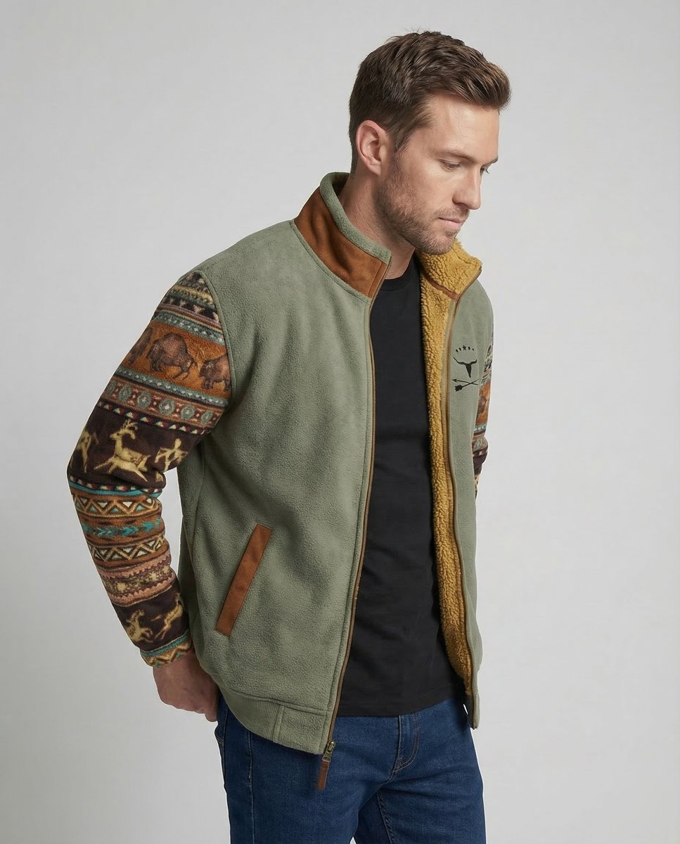 Men's Southwestern Print Sherpa-Lined Full-Zip Fleece Jacket
