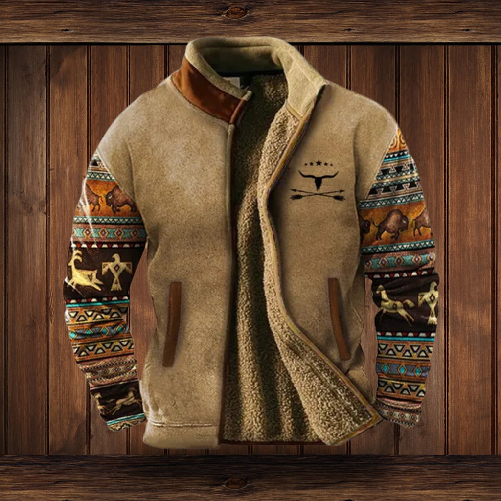 Men's Southwestern Print Sherpa-Lined Full-Zip Fleece Jacket - Dark Brown