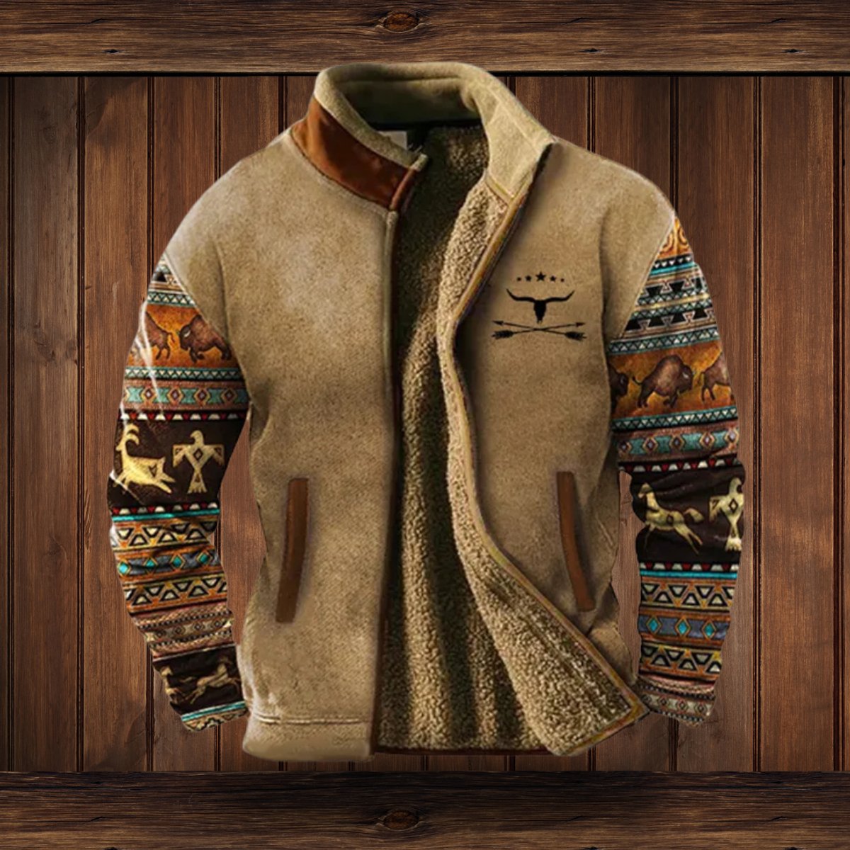 Men's Southwestern Print Sherpa-Lined Full-Zip Fleece Jacket - Dark Brown