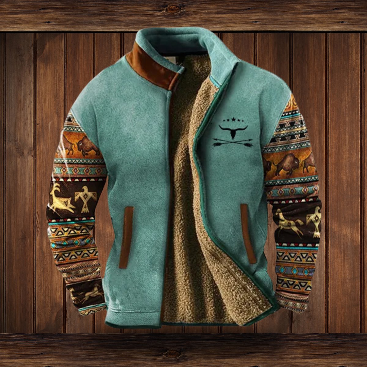 Men's Southwestern Print Sherpa-Lined Full-Zip Fleece Jacket - Dark Blue