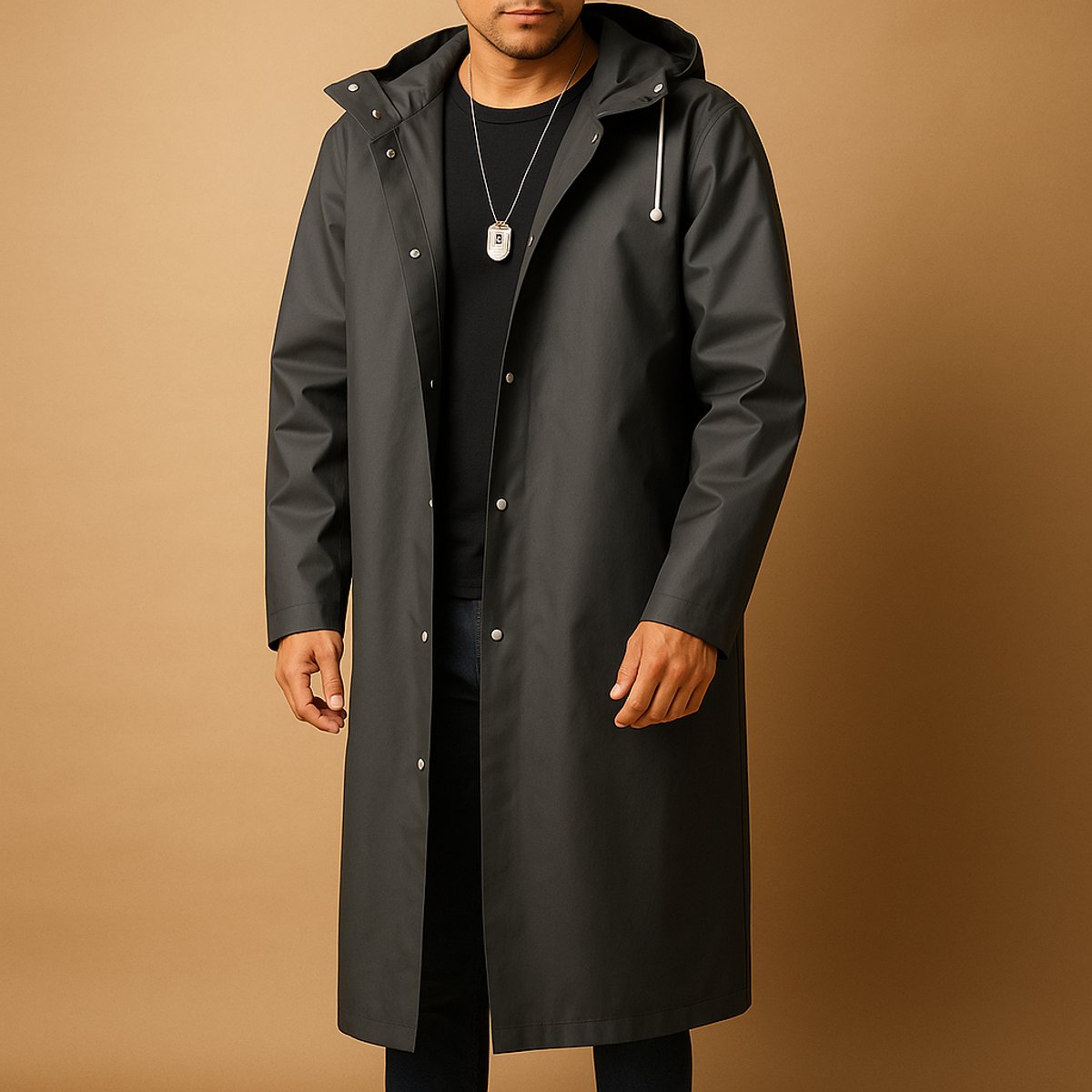 Men's Waterproof Hooded Long Rain Jacket EVA Outdoor Coat - Black
