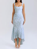 Mother of the Bride Dress Corset Ruched Mermaid Jacquard Midi - Blue