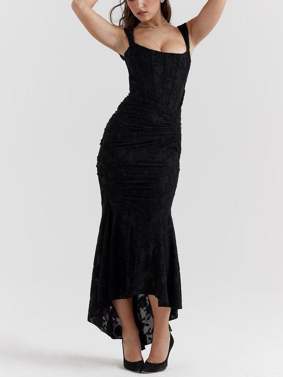 Mother of the Bride Dress Corset Ruched Mermaid Jacquard Midi - Black