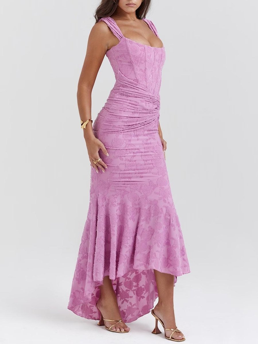Mother of the Bride Dress Corset Ruched Mermaid Jacquard Midi - Lavender Purple