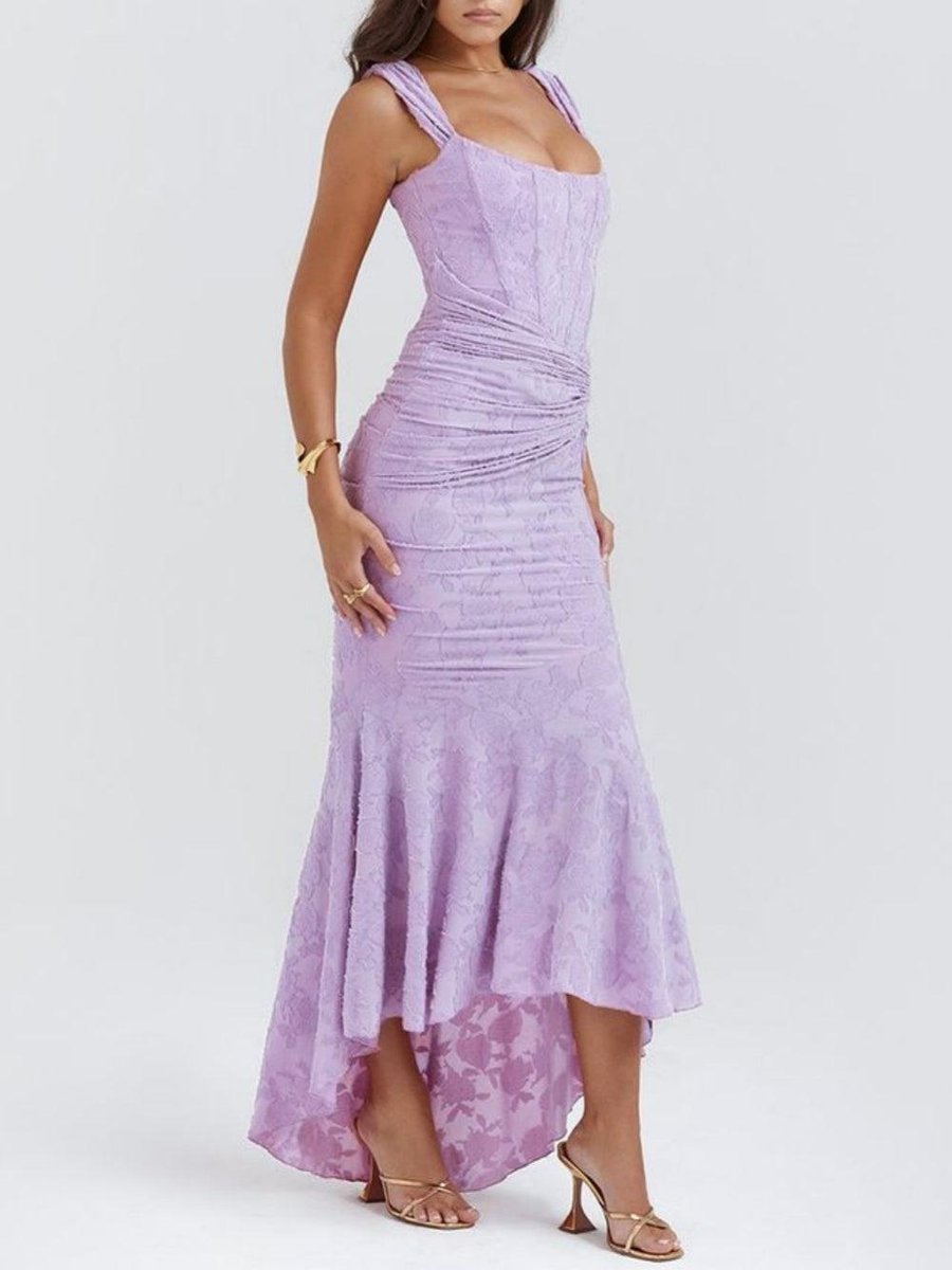 Mother of the Bride Dress Corset Ruched Mermaid Jacquard Midi - Deep Purple