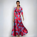 Mother of the Bride Dress Floral V-Neck Wrap Maxi Gown - Red/Blue
