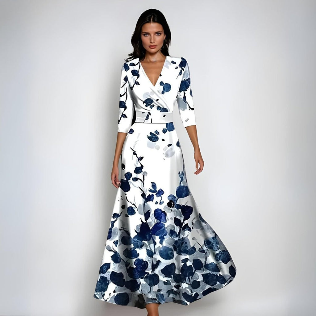 Mother of the Bride Dress Floral V-Neck Wrap Maxi Gown - White/Blue