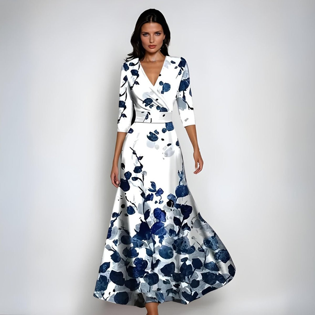 Mother of the Bride Dress Floral V-Neck Wrap Maxi Gown - White/Blue