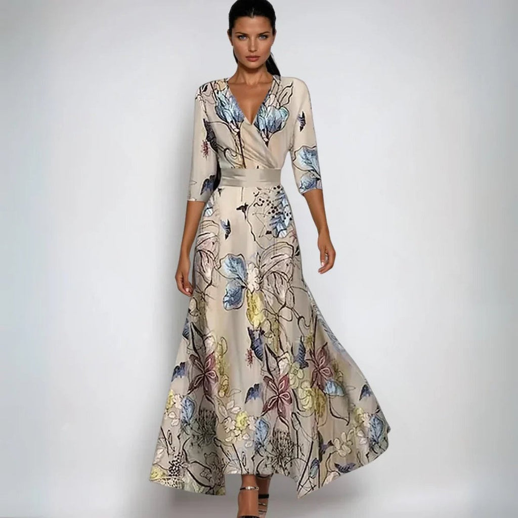 Mother of the Bride Dress Floral V-Neck Wrap Maxi Gown - Sand/Beige