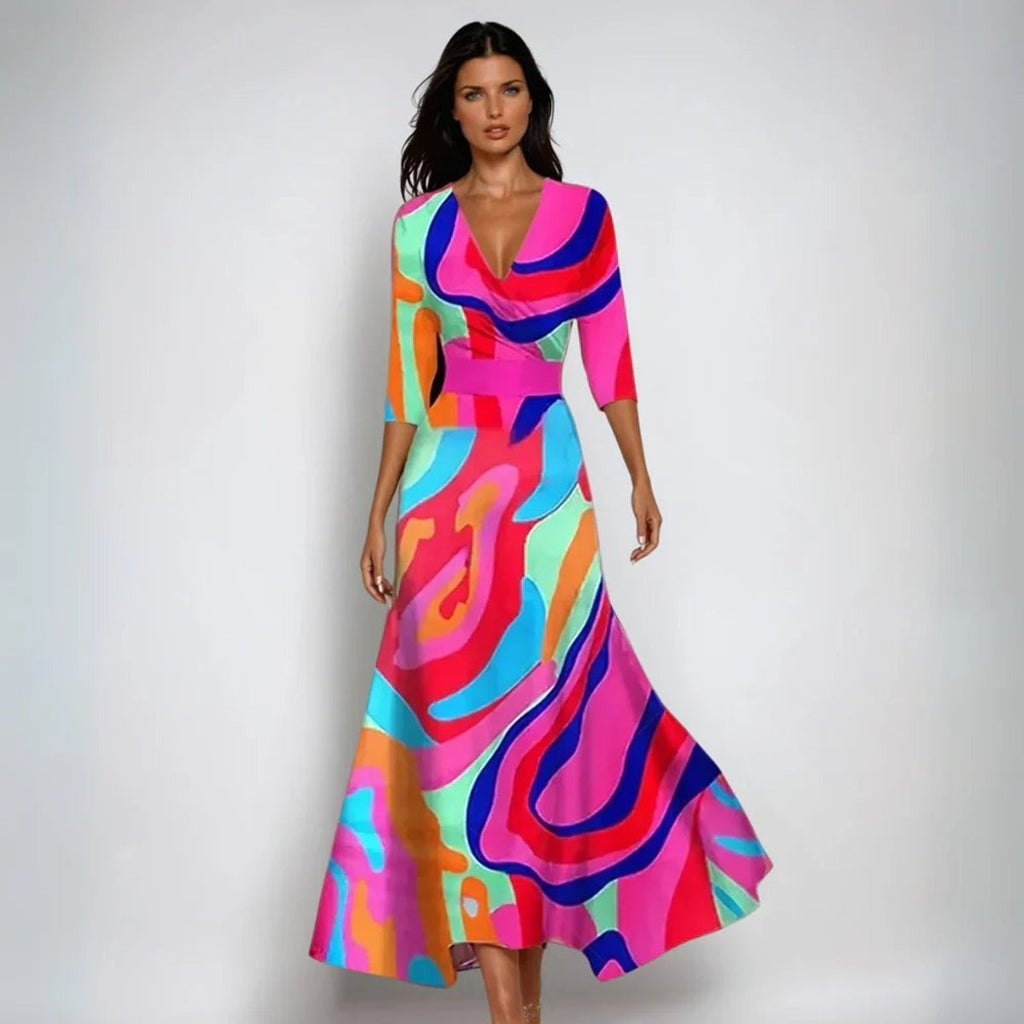 Mother of the Bride Dress Floral V-Neck Wrap Maxi Gown - Multicolor