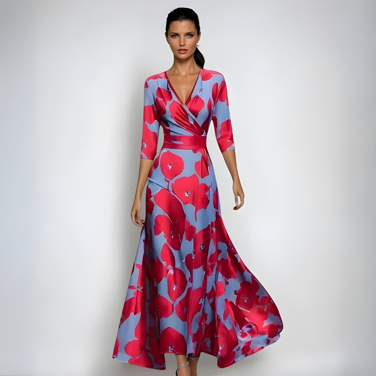 Mother of the Bride Dress Floral V-Neck Wrap Maxi Gown