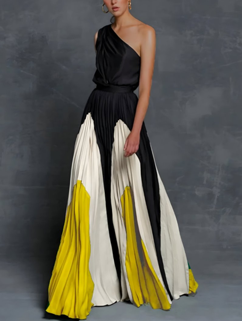 Mother of the Bride Dress One-Shoulder Pleated Color-Block Maxi Gown - Sunburst Color-Block