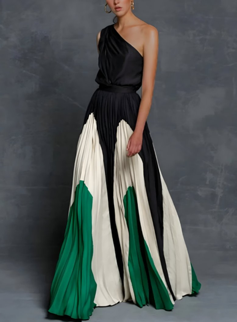 Mother of the Bride Dress One-Shoulder Pleated Color-Block Maxi Gown - Emerald Color-Block