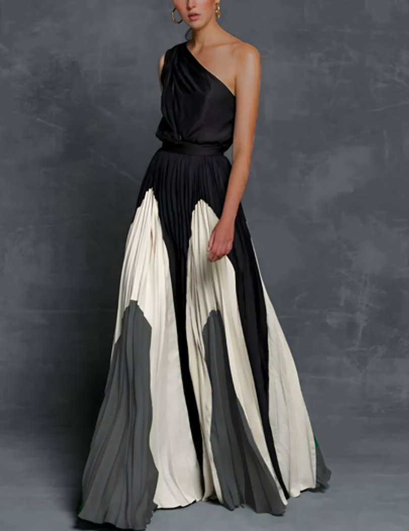 Mother of the Bride Dress One-Shoulder Pleated Color-Block Maxi Gown - Black and White Color-Block