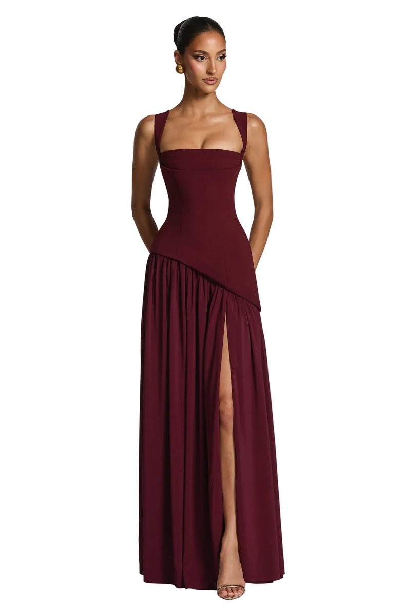 Mother of the Bride Dress Sleeveless Square Neck A-Line Maxi Gown - Burgundy