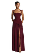 Mother of the Bride Dress Sleeveless Square Neck A-Line Maxi Gown - Burgundy