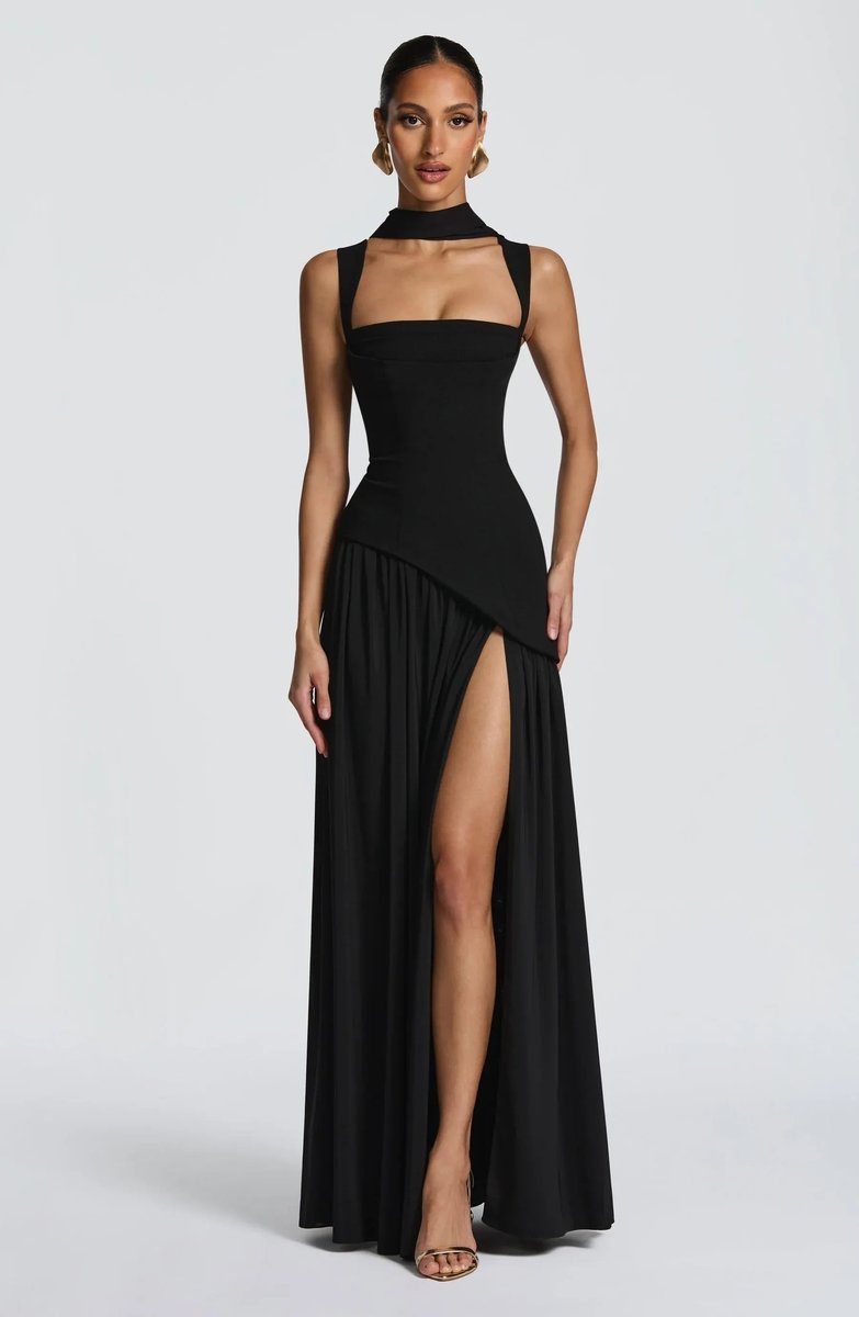 Mother of the Bride Dress Sleeveless Square Neck A-Line Maxi Gown - Black