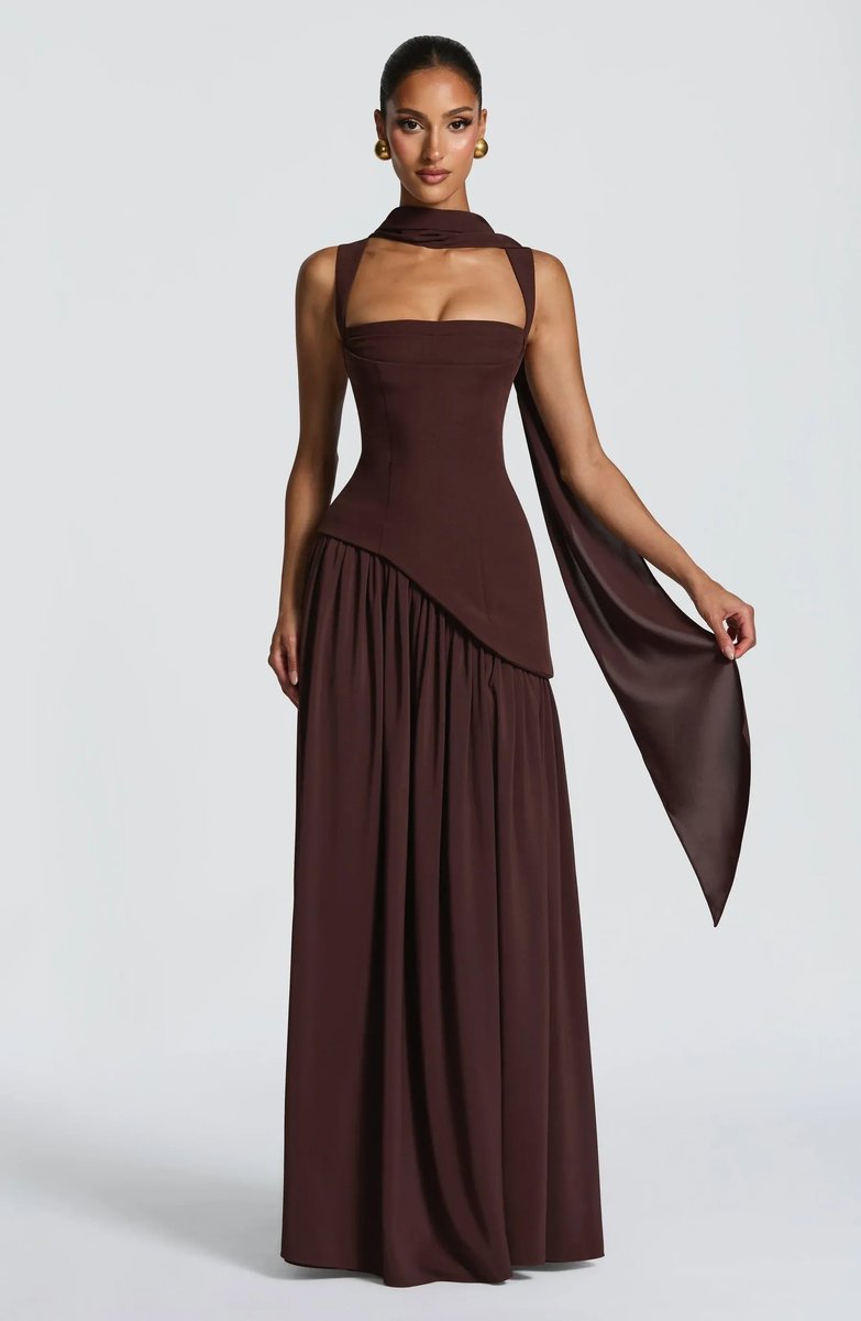 Mother of the Bride Dress Sleeveless Square Neck A-Line Maxi Gown - Brown