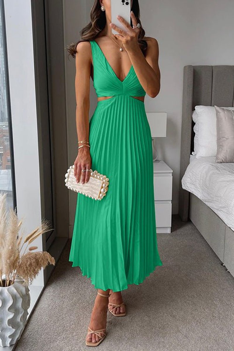 Mother of the Bride Dress Sleeveless V-Neck Pleated Maxi - Green