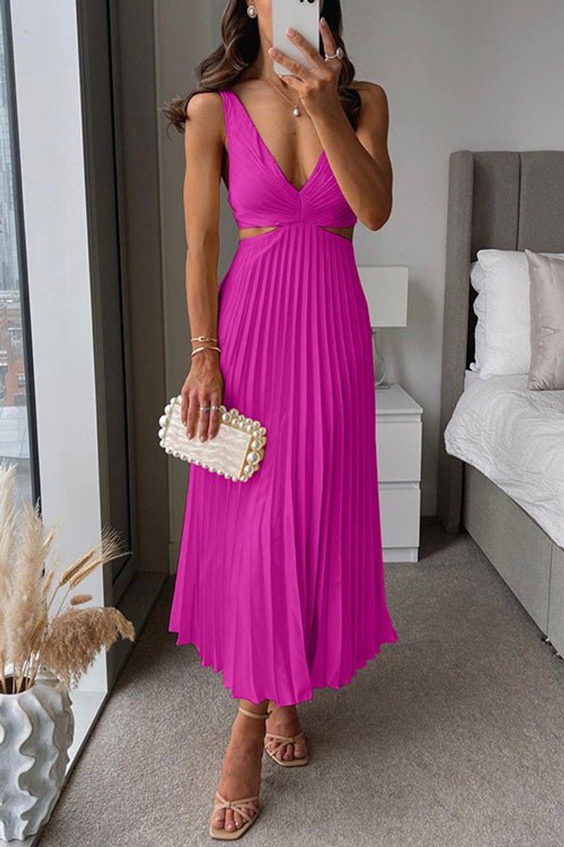 Mother of the Bride Dress Sleeveless V-Neck Pleated Maxi - Pink