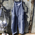 Unisex Vintage Striped Loose-Fit Adjustable Strap Overall - Blue