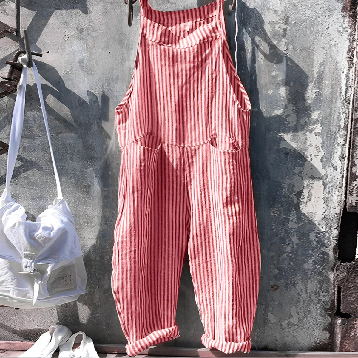 Unisex Vintage Striped Loose-Fit Adjustable Strap Overall - Red