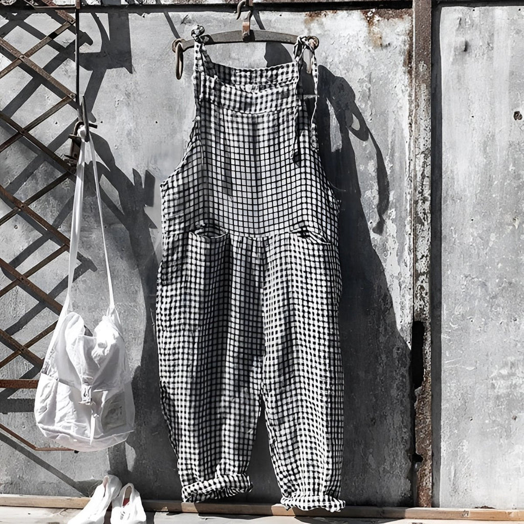 Unisex Vintage Striped Loose-Fit Adjustable Strap Overall - Black