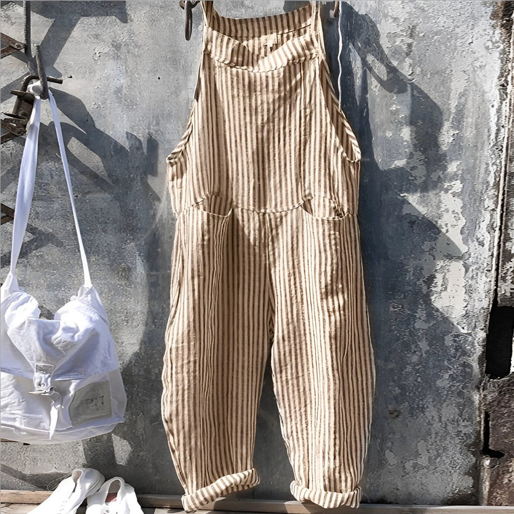 Unisex Vintage Striped Loose-Fit Adjustable Strap Overall - Light Brown