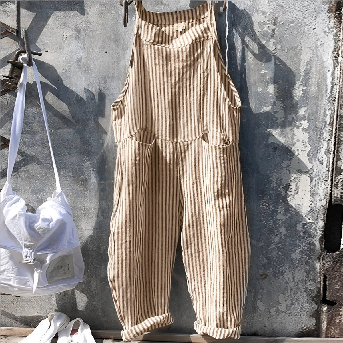 Unisex Vintage Striped Loose-Fit Adjustable Strap Overall - Light Brown