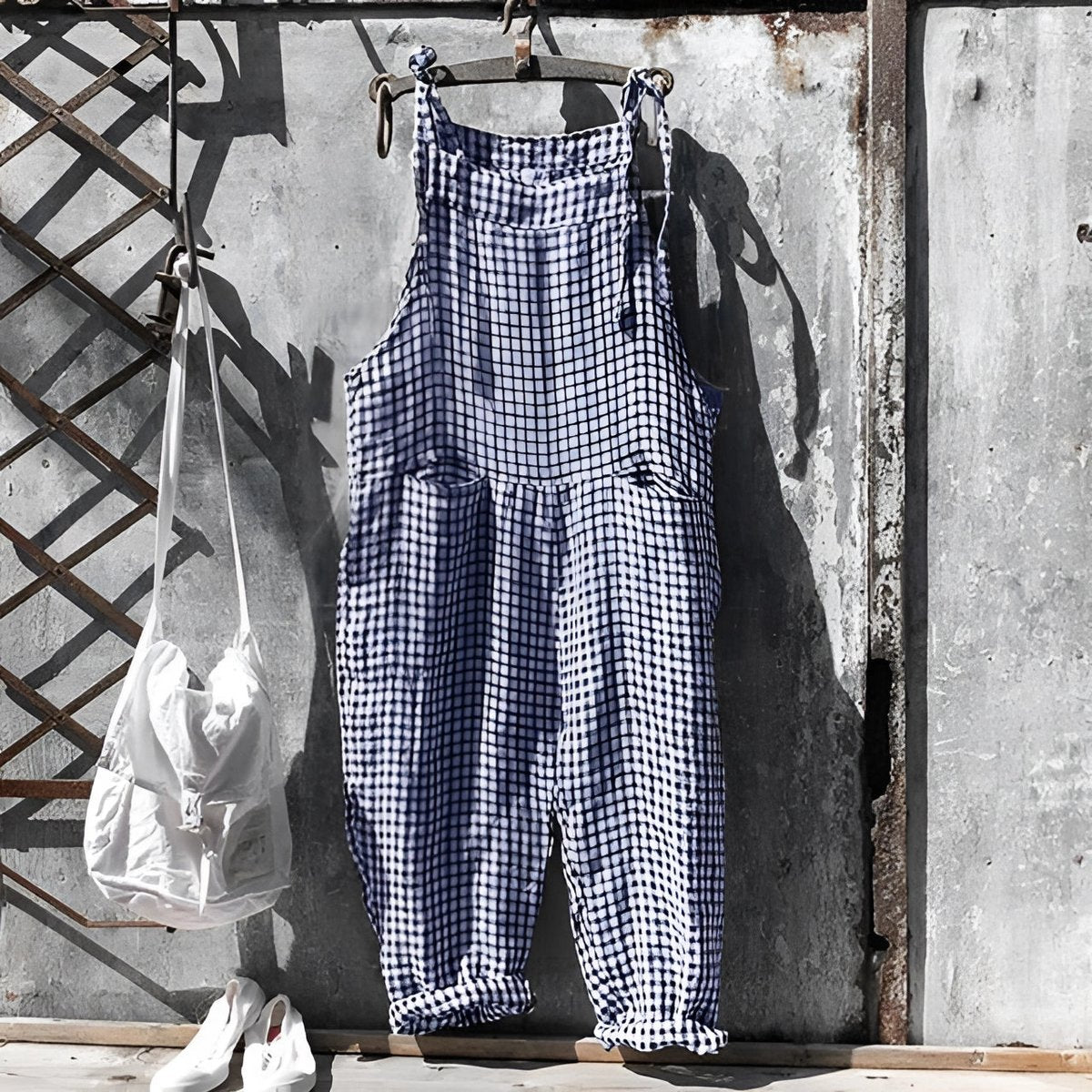 Unisex Vintage Striped Loose-Fit Adjustable Strap Overall - Dark Blue