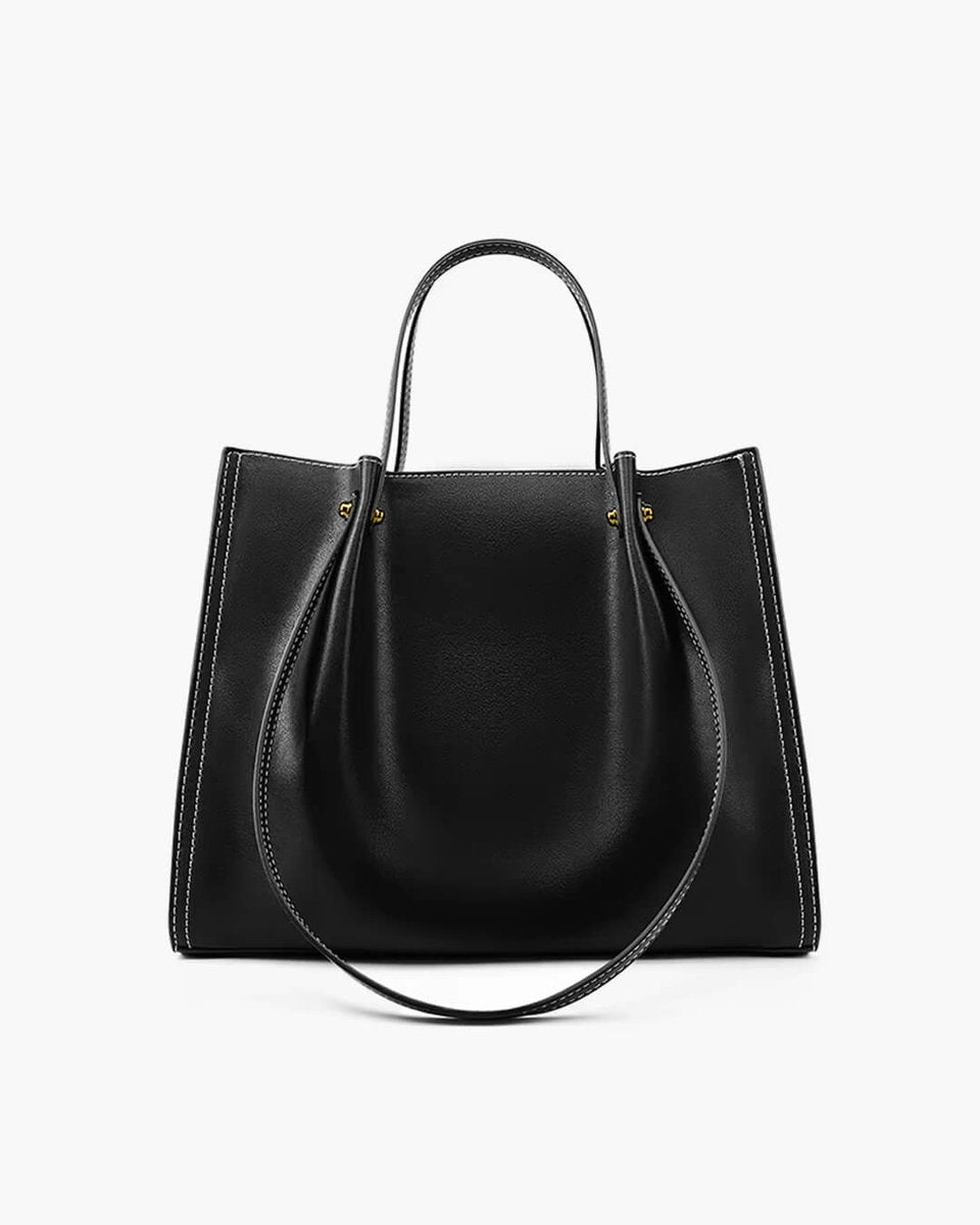 Vegan Leather Minimalist Contrast-Stitch Tote Bag - Black