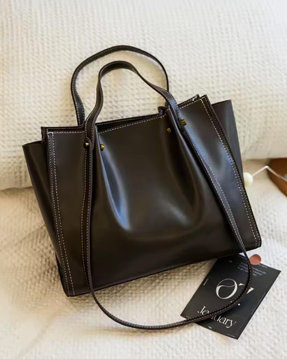 Vegan Leather Minimalist Contrast-Stitch Tote Bag