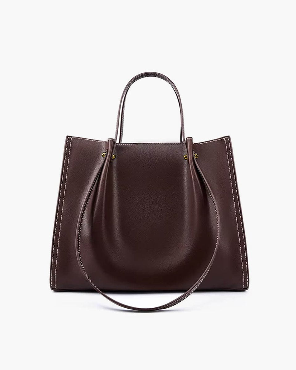 Vegan Leather Minimalist Contrast-Stitch Tote Bag